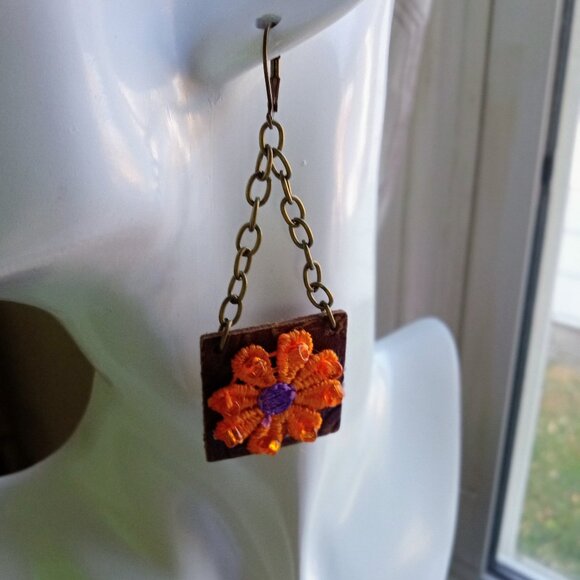 Orange Flower and Leather Earrings - Picture 1 of 2